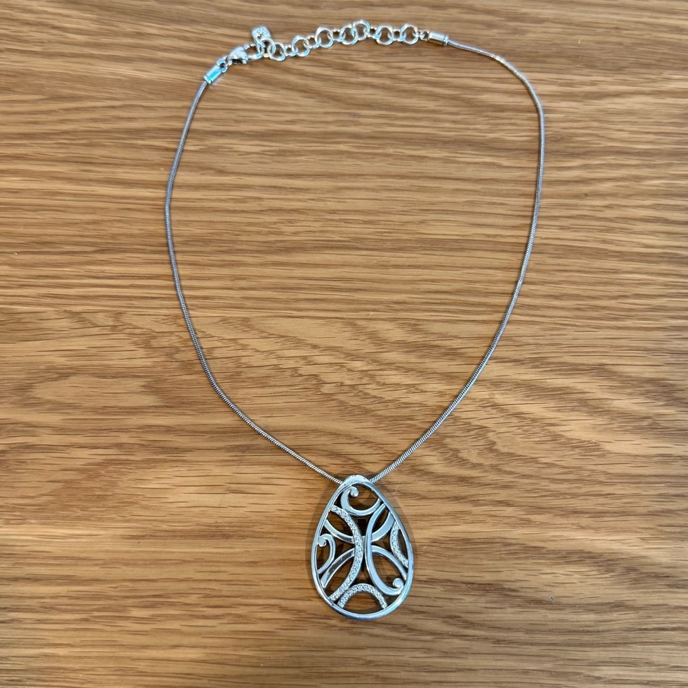 Brighton Necklace Silver Plated Teardrop Open Scroll Crystal Pendant Boho 18"